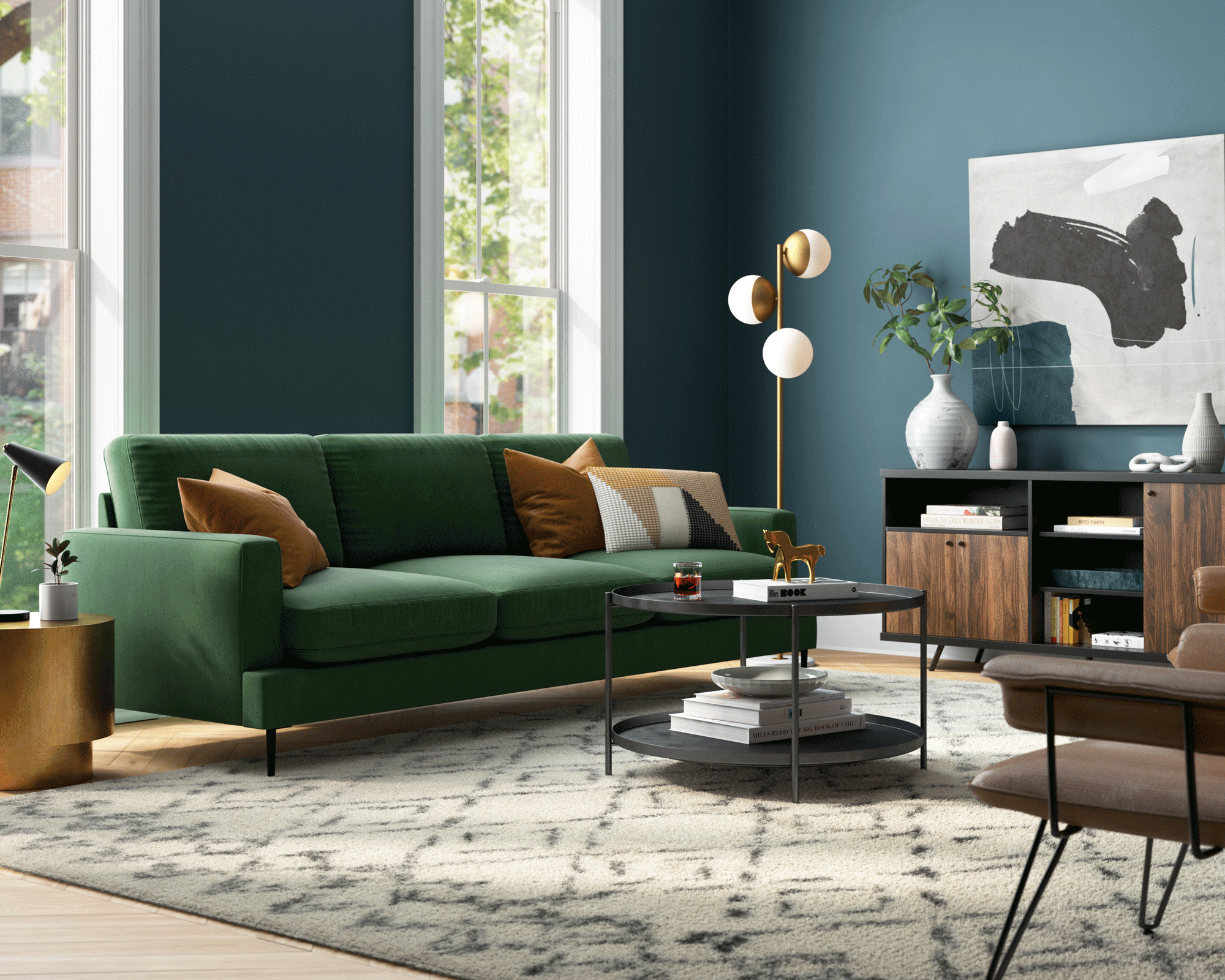 living room with large green sofa