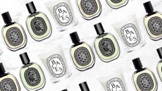 Collage of Diptuqe's Orpheon and Do Son Scents and Baies Candle set at a 300 degree angle against a white marble background