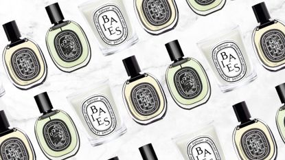 Collage of Diptuqe's Orpheon and Do Son Scents and Baies Candle set at a 300 degree angle against a white marble background