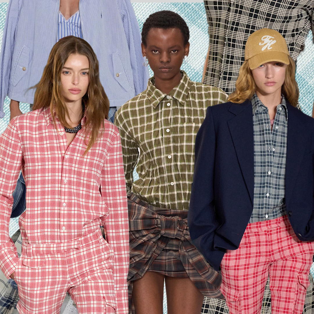 collage of plaid outfits from the spring 2025 runways 