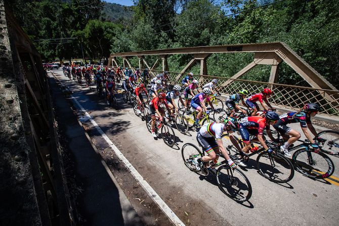 The peloton crosses a bridge on the way out of Ventura for stage 1 of the 2019 Tour of California Women's Race