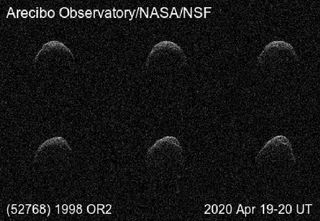 This series of radar images show the asteroid 1998 OR2 as seen by the Arecibo Observatory in Puerto Rico on April 19, 2020 as it tumbled through space, rotating once every 4.1 hours.
