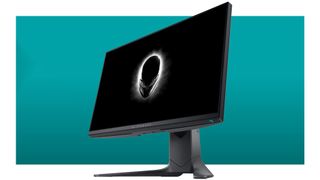 Alienware 25 monitor in front of blue deals backdrop. 