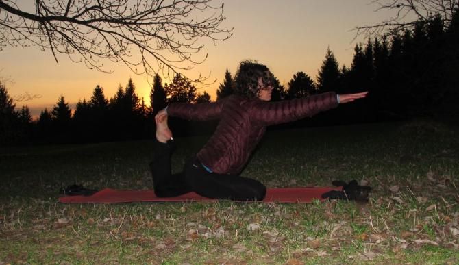 Mary McConneloug improvises a yoga spot