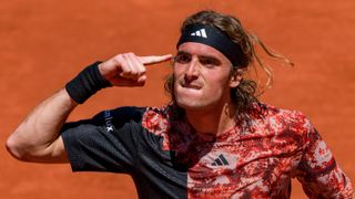 Stefanos Tsitsipas of Greece celebrates victory during the Men's Singles Second Round Match against Roberto Carballes Baena of Spain during Day 4 of the Roland Garros 