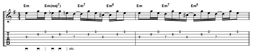 Example 1 - Latin arpeggios: Pay attention to Rodrigo's fretting hand and watch how he moves from one shape to the next. Keeping your third finger on the 8th fret, B-string will act as a pivot for your other fingers.