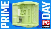 A matcha green Hyte Y70 PC case sitting in a PC Gamer deal background