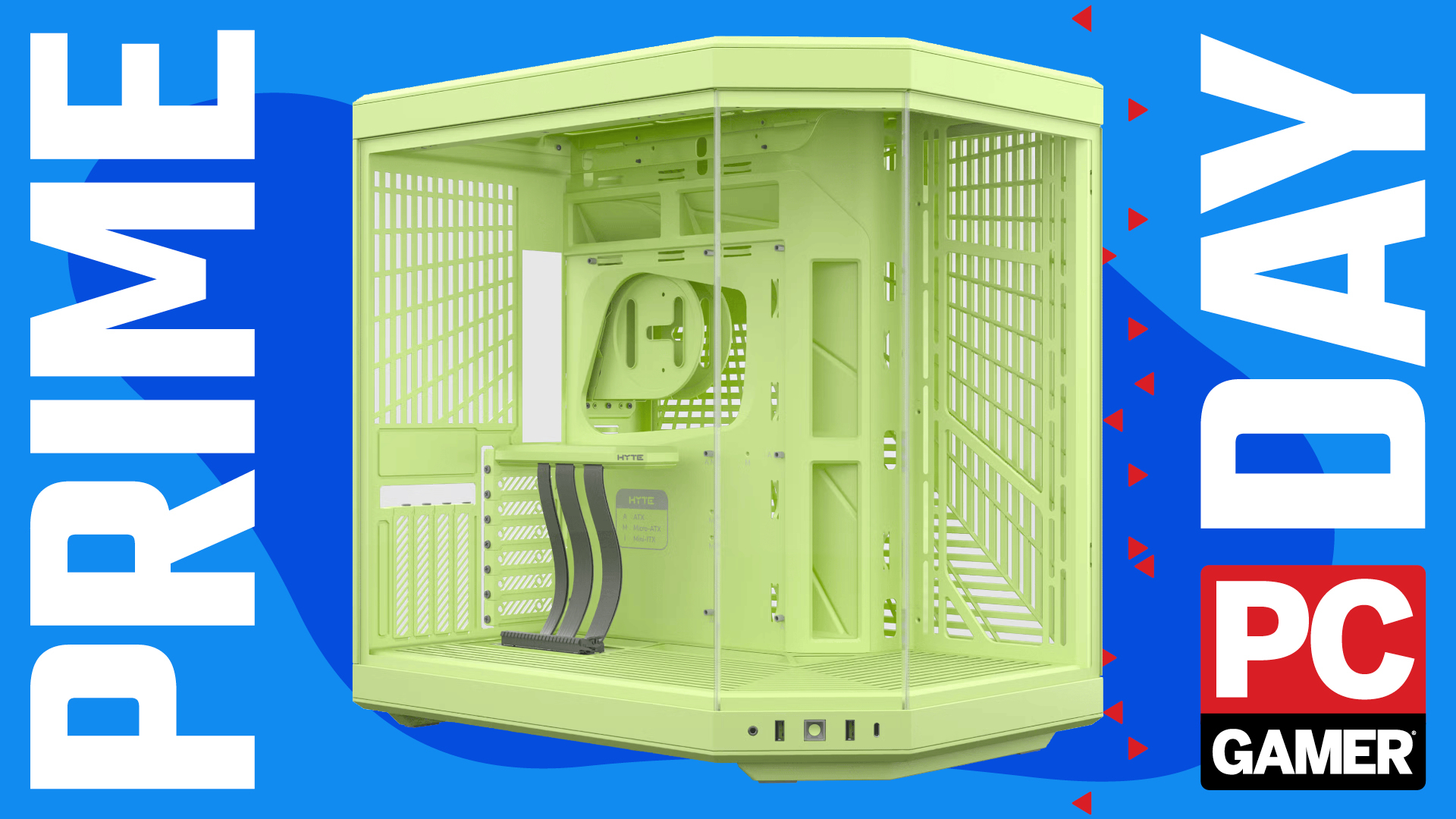 A matcha green Hyte Y70 PC case sitting in a PC Gamer deal background