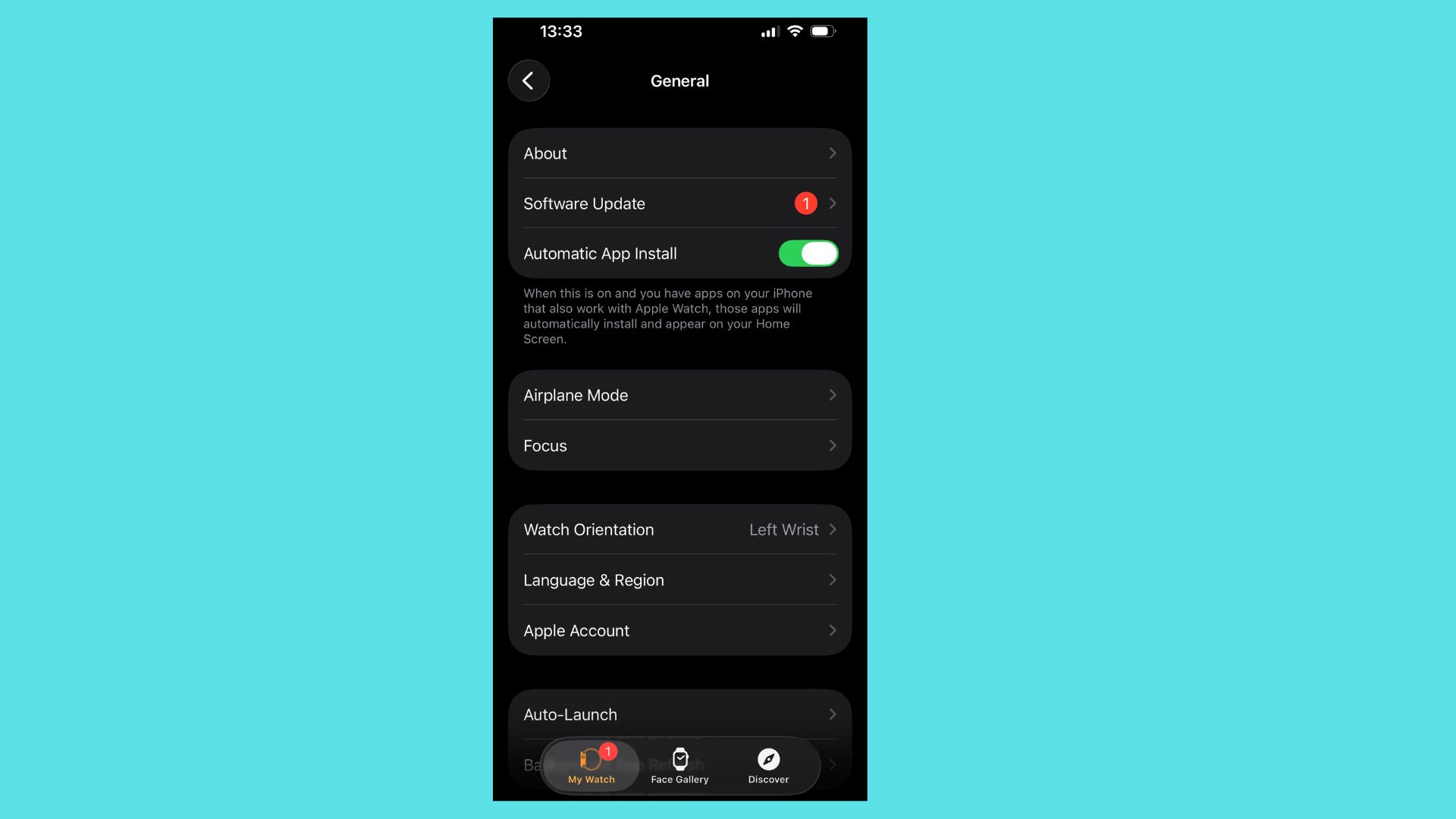 The Apple Watch App's General Settings notifying that a software update is available.