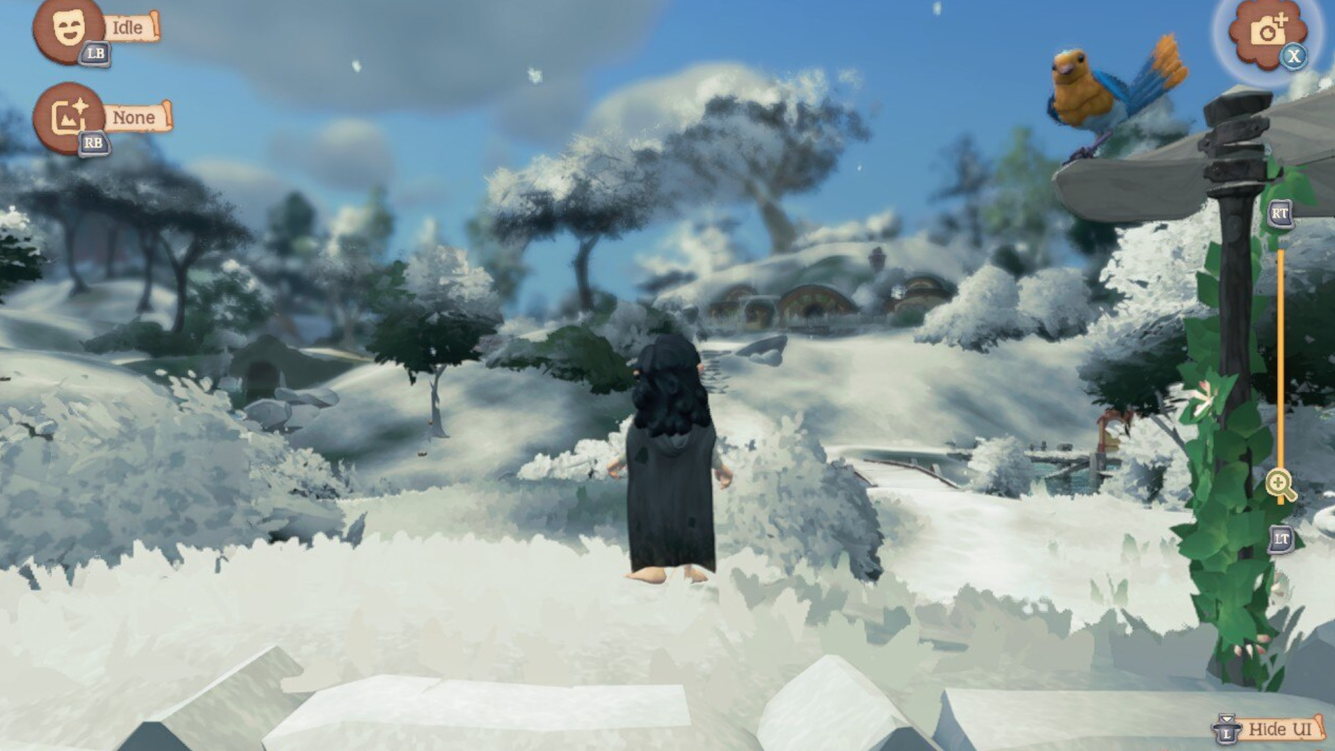 A hobbit looking out at Bywater during the winter season in Tales of the Shire.