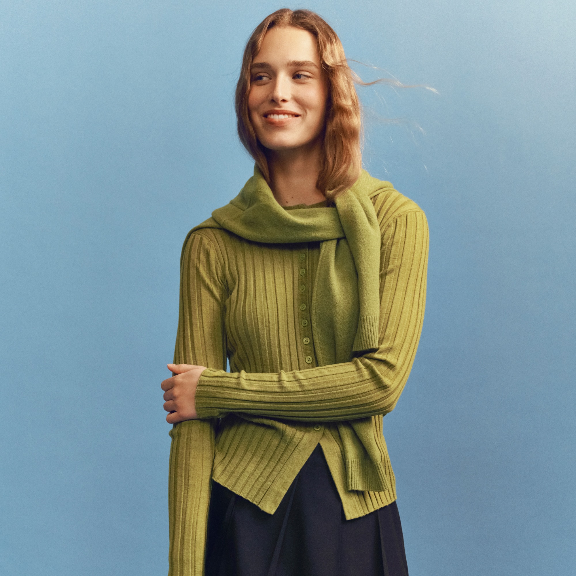 Wide-Rib Fitted Cardigan Top in Merino Wool
