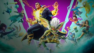 Promotional image for Multiversus showing characters Black Adam and Stripe
