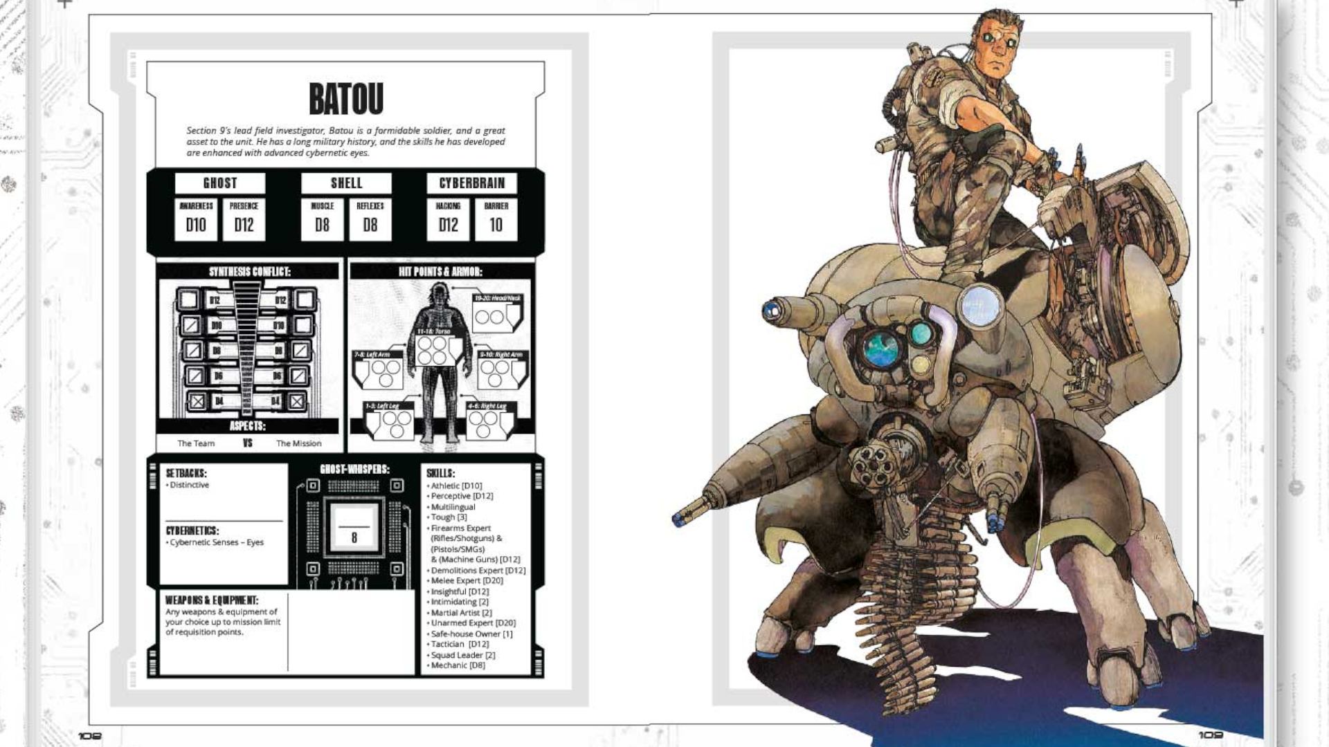 An open two-page spread from Ghost in the Shell tabletop RPG's core rules