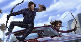 Concept art of Clint Barton and Kate Bishop from Hawkeye in a car chase.