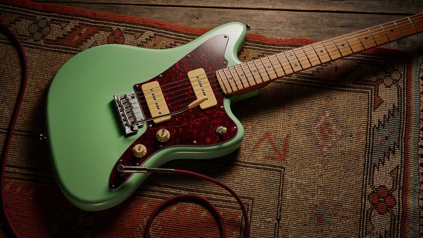 A Jet JJ-300 P90 offset guitar on a rug