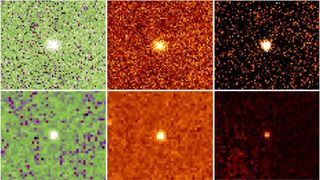 a collection of six images showing a red asteroid as a bright point in the center of a grainy image.