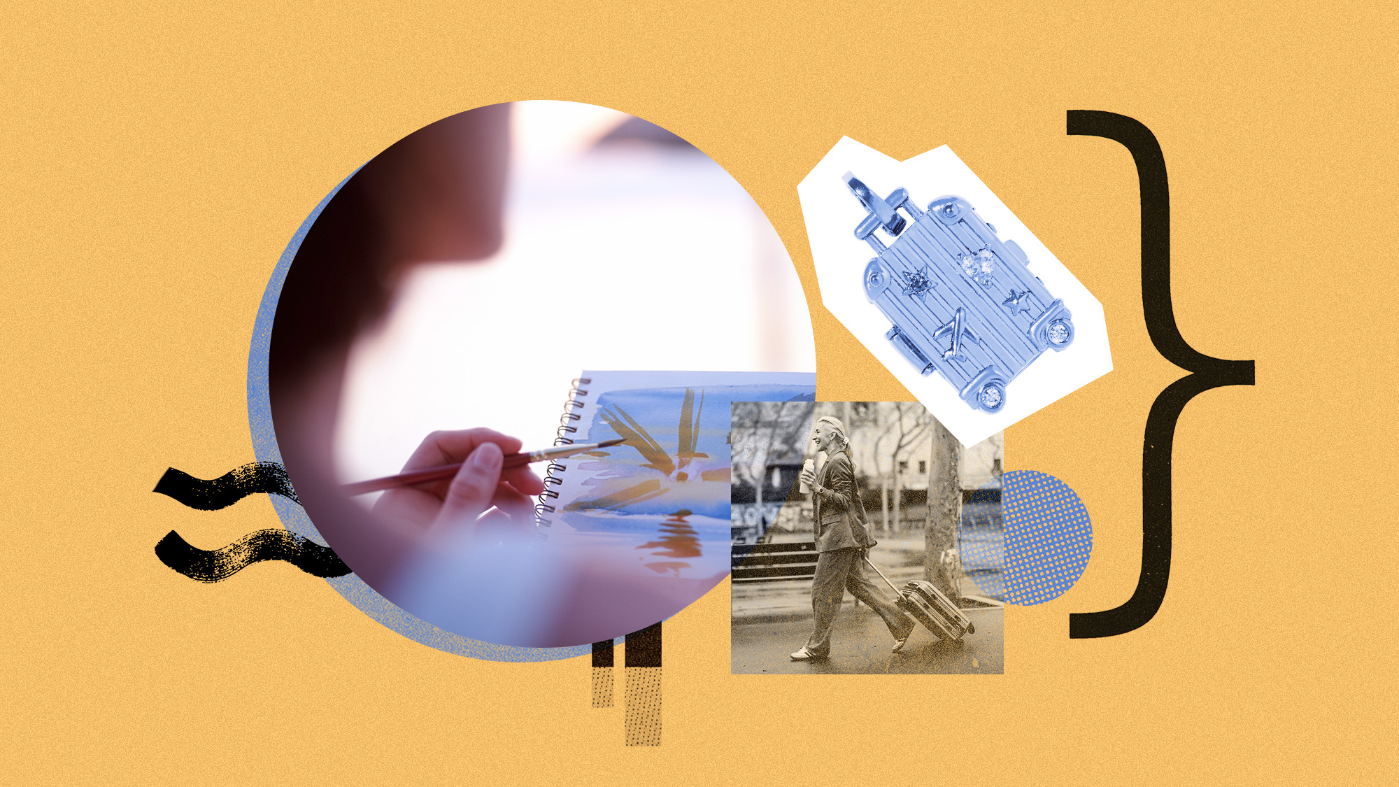 Photo collage of a suitcase-shaped charm, a woman with a suitcase and a steel water bottle, and a woman painting a sunset on holiday