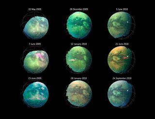 A compilation of images from nine Cassini flybys of Titan in 2009 and 2010. In three instances, clear bright spots suddenly appeared in images taken by the spacecraft's Visual and Infrared Mapping Spectrometer.