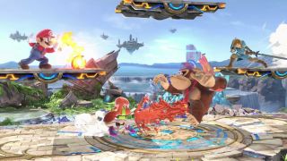 A fight with four players in the Nintendo Switch game Super Smash Bros. Ultimate.