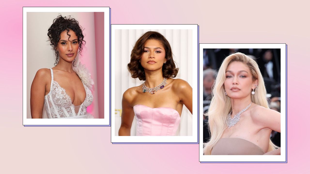 Prom hairstyles: Maya Jama pictured with a curly updo, alongside a picture of Zendaya with a curly bob and finally, a picture of Gigi Hadid with long waves/ in a pink and cream template