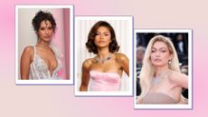 Prom hairstyles: Maya Jama pictured with a curly updo, alongside a picture of Zendaya with a curly bob and finally, a picture of Gigi Hadid with long waves/ in a pink and cream template