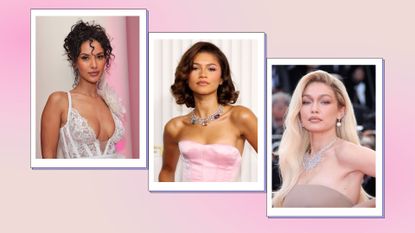 Prom hairstyles: Maya Jama pictured with a curly updo, alongside a picture of Zendaya with a curly bob and finally, a picture of Gigi Hadid with long waves/ in a pink and cream template