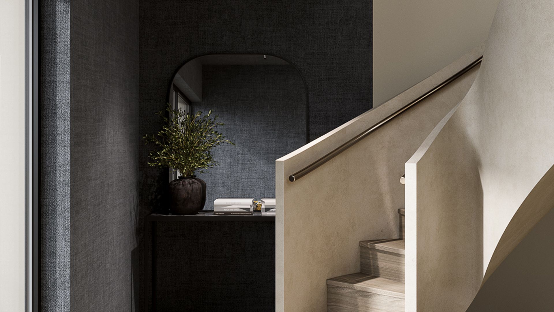 Hali fabric effect wallpaper in Olivine in a hallway