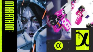 Promotional artwork for the sci-fi extraction shooter Marathon showing a cybernetically enhanced woman and a bright pink gun.