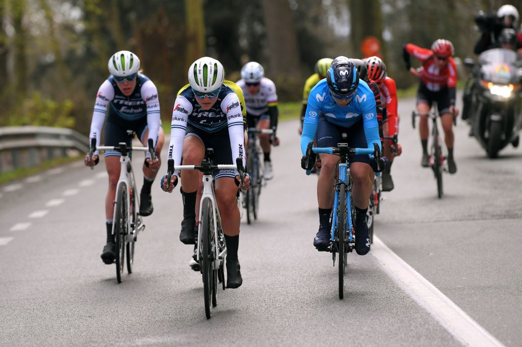 Ellen van Dijk and Elisa Longo Borghini (Trek-Segafredo) and Sheyla Guiterrez (Movistar) lead a powerful breakaway