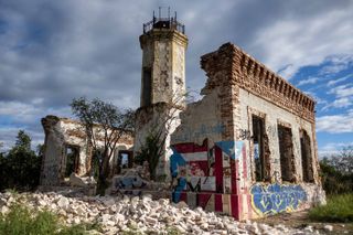 The collapsed wall of the ruins of an iconic landmark lighthouse can be seen in Guanica, Puerto Rico, on Jan. 6, 2020, after it was destroyed by an earthquake.