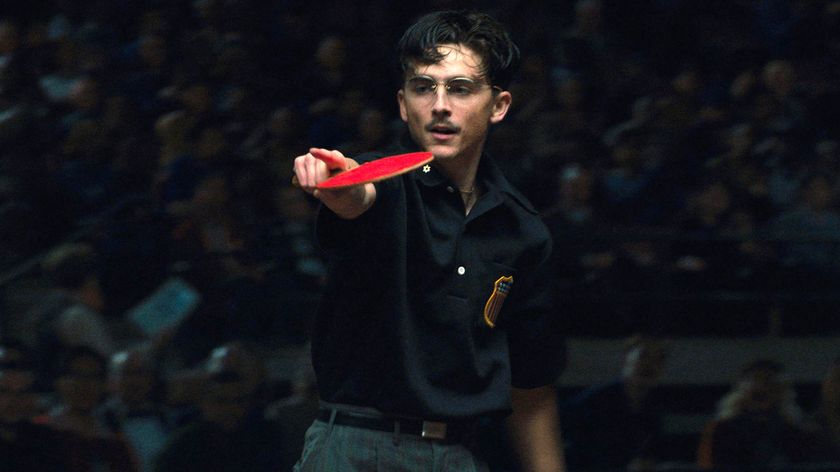 Marty Mauser (Timoth&eacute;e Chalamet) mid-match in a scene from "Marty Supreme"