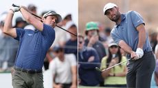 Will Chandler hits a tee shot with a driver, whilst Scottie Scheffler strikes a chip shot