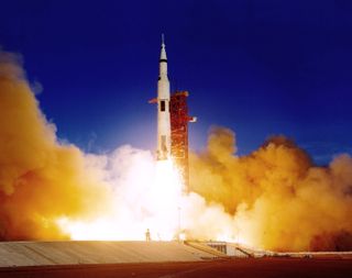 A Saturn V rocket carrying the Apollo 8 mission blasted off a launchpad in Florida on the morning of Dec. 21, 1968.