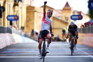 AGRIGENTO ITALY OCTOBER 04 Arrival Diego Ulissi of Italy and UAE Team Emirates Celebration during the 103rd Giro dItalia 2020 Stage 2 a 149km stage from Alcamo to Agrigento 243m girodiitalia Giro on October 04 2020 in Agrigento Italy Photo by Stuart FranklinGetty Images