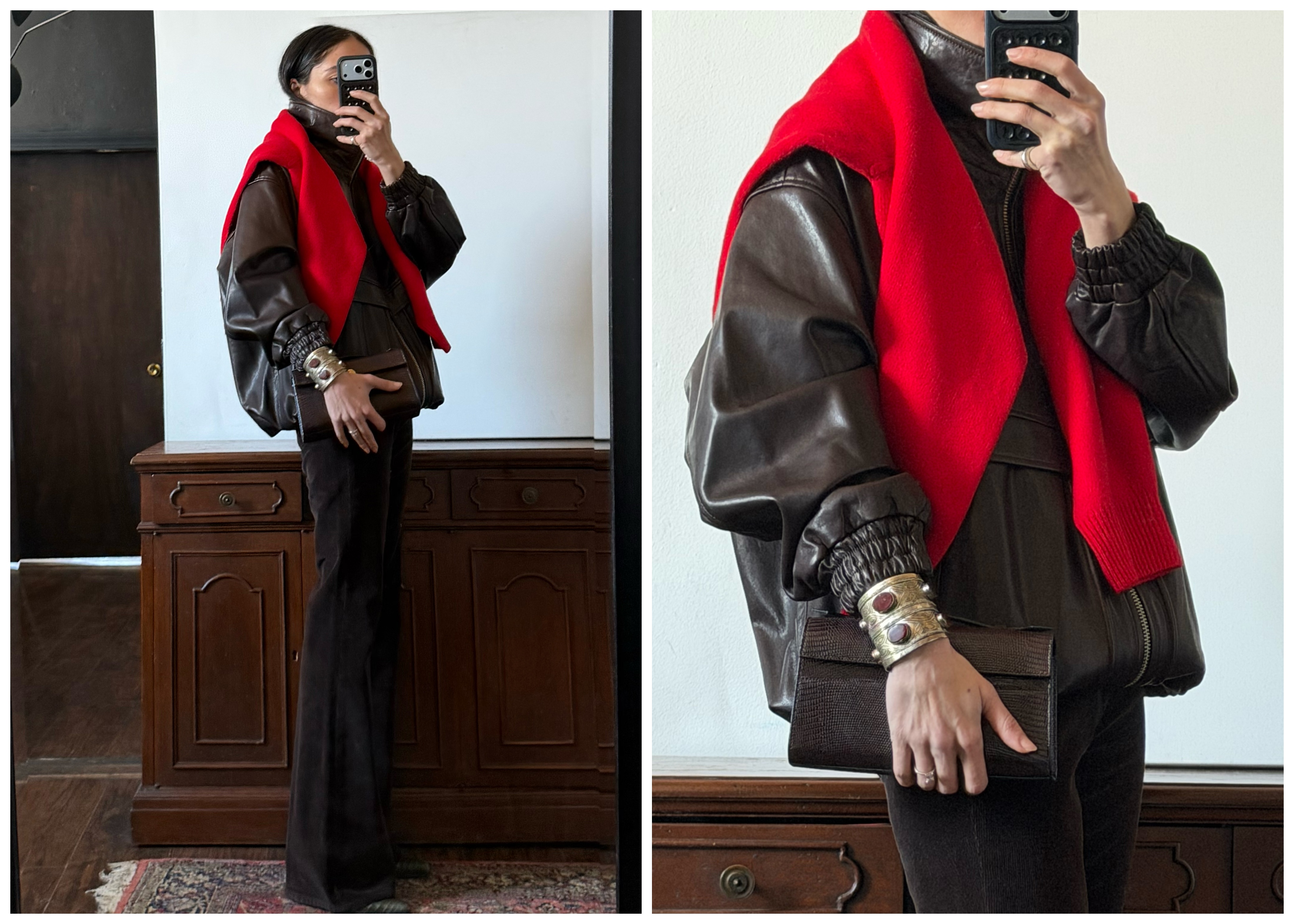 collage of Alexis Badiyi wearing a funnel coat