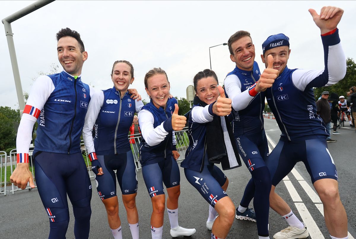The French mixed relay time trial team after winning the European Championships