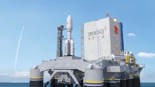 An illustration of an Orienspace Gravity 1 rocket on a sea launch platform. 