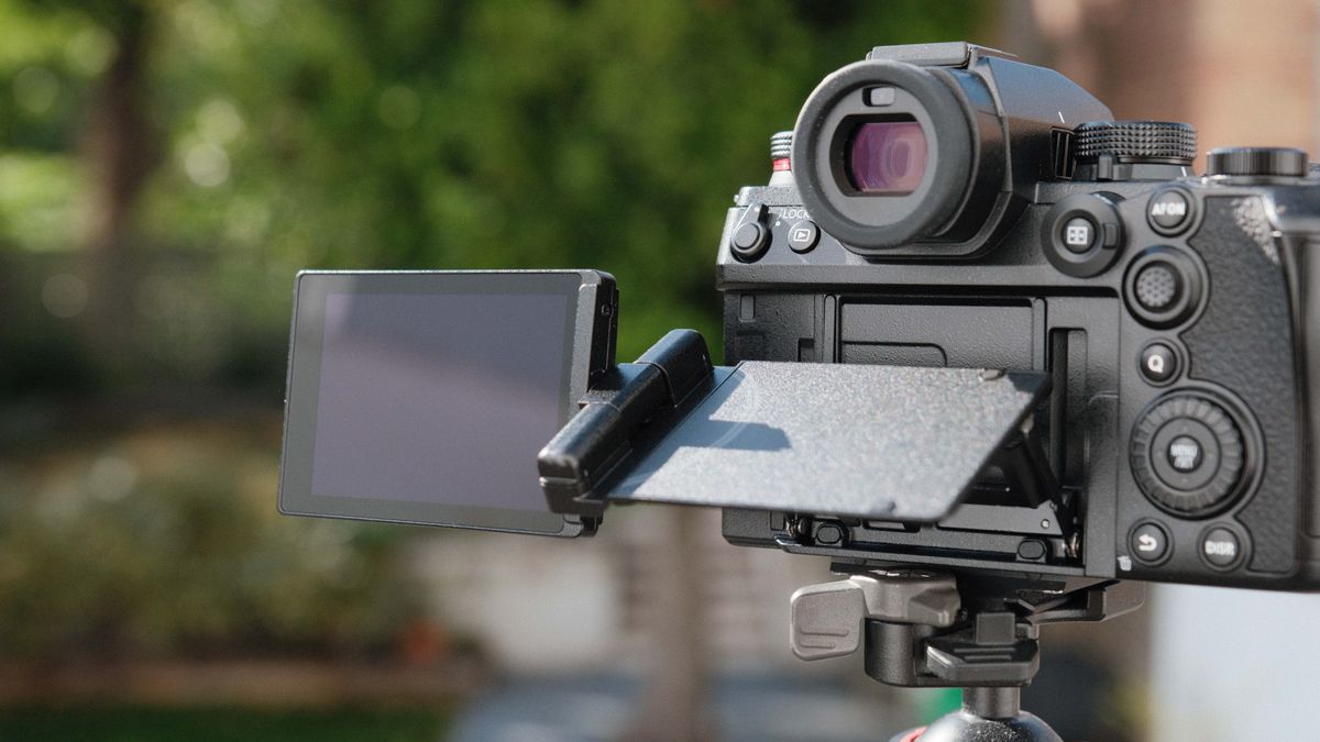 Panasonic Lumix S1 II camera on a tripod with green trees in the background