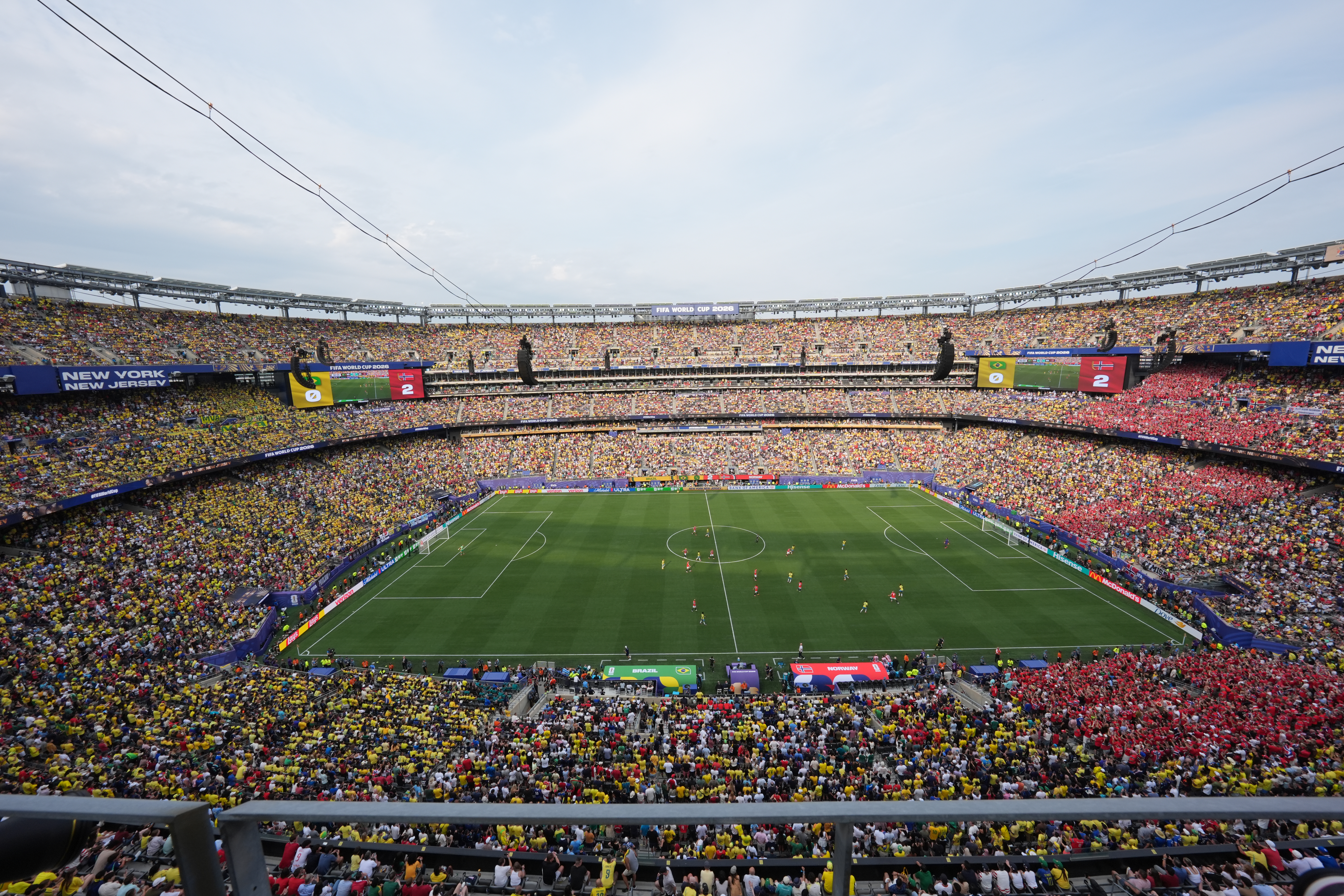 EAST RUTHERFORD, NEW JERSEY - JULY 05: General view during the FIFA World Cup 2026 Round Of 16 match between Brazil and Norway at New York New Jersey Stadium on July 05, 2026 in East Rutherford, New Jersey. (Photo by Etsuo Hara/Getty Images)