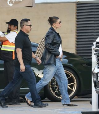 Hailey Bieber wearing a leather jacket in Los Angeles