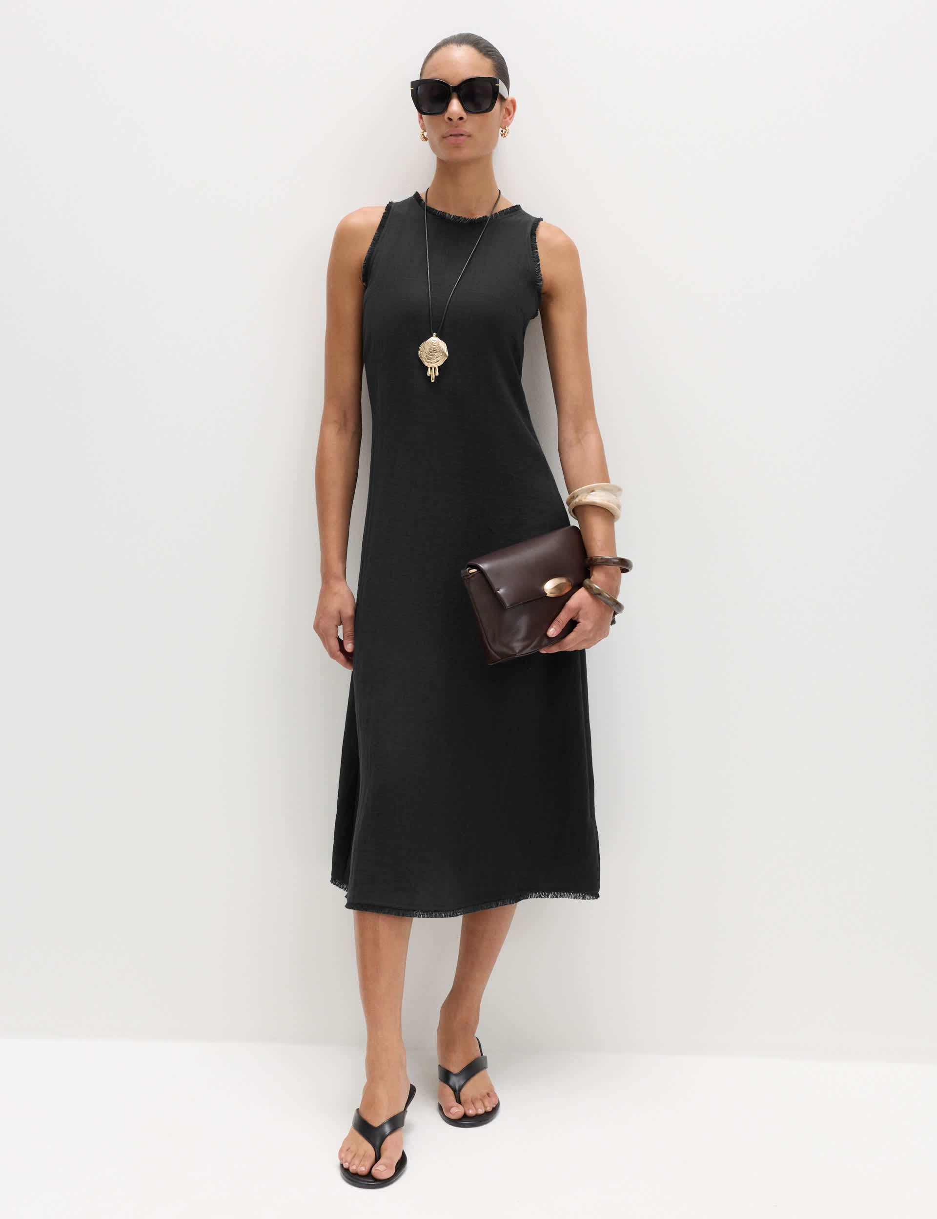 Round Neck Fringed Midi Column Dress