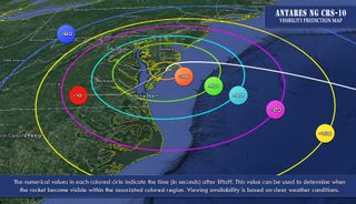 This NASA graphic shows where and when to look to see launch of Northrop Grumman's Antares rocket from NASA's Wallops Flight Facility in Virginia on Nov. 17, 2018. The rocket will launch a Cygnus spacecraft carrying cargo to the International Space Station — the launch, at 4:01 a.m. EST (0901 GMT), will be visible across much of the U.S. East Coast.