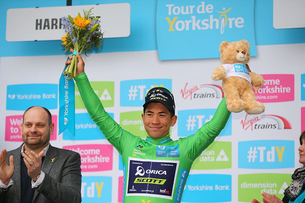 Caleb Ewan in green at the tour de Yorkshire