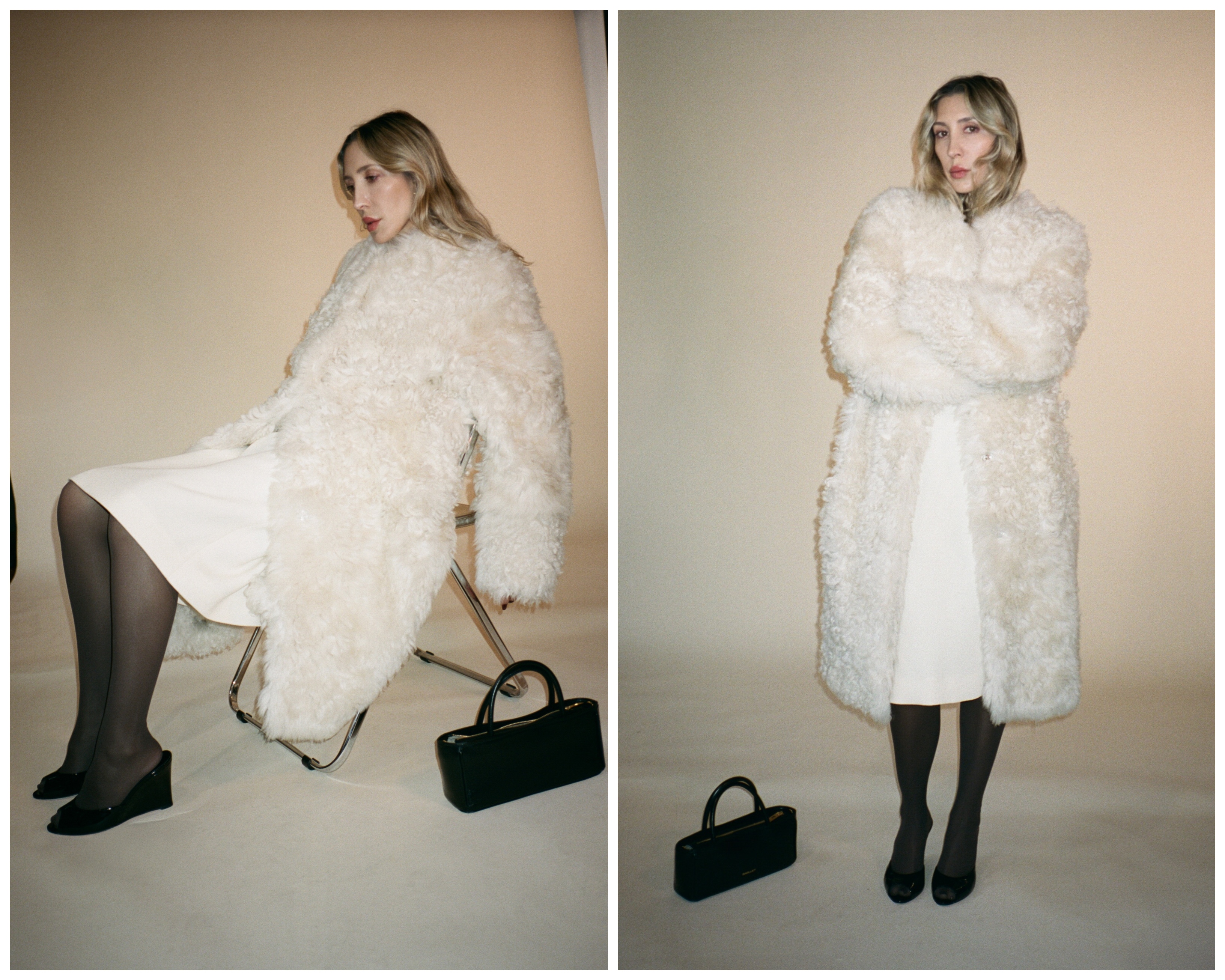 Angela Fink wearing a shearling coat and a black bag