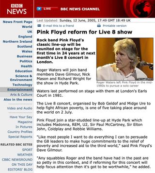 BBC website announcement about Pink Floyd playing Live 8