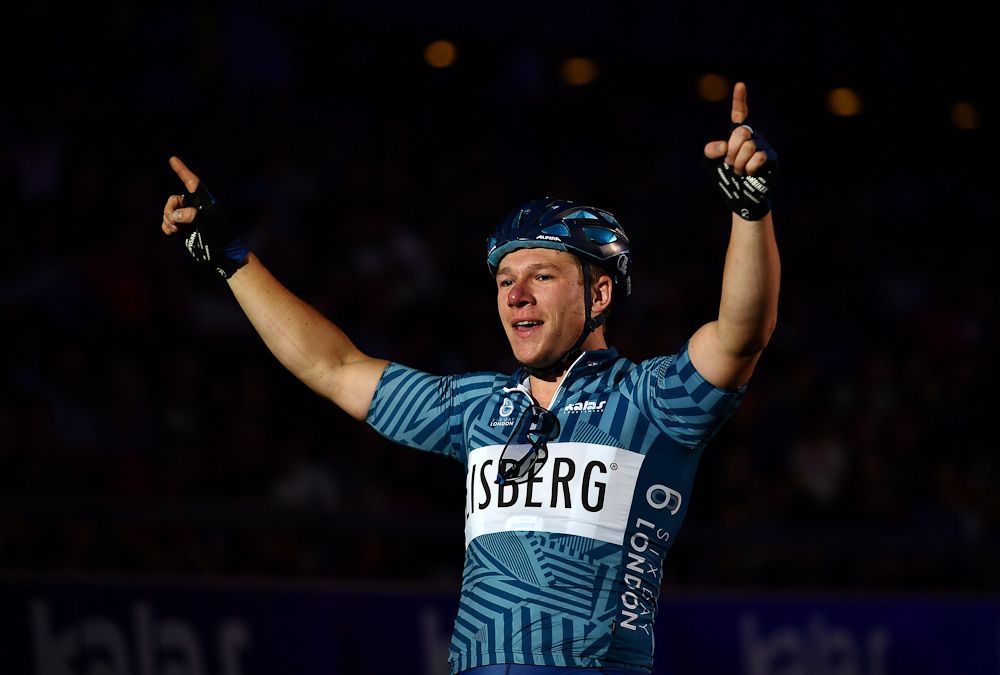 Matthew Rotherham of Great Britain celebrates during the Mens Keirin Sprinters Final on day three of the London Six Day