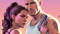 GTA 6 weapons: Artwork of Lucia leaning against Jason, holding a Nipper 38 pistol against his chest.