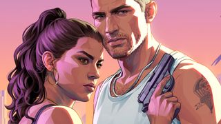 GTA 6 weapons: Artwork of Lucia leaning against Jason, holding a Nipper 38 pistol against his chest.