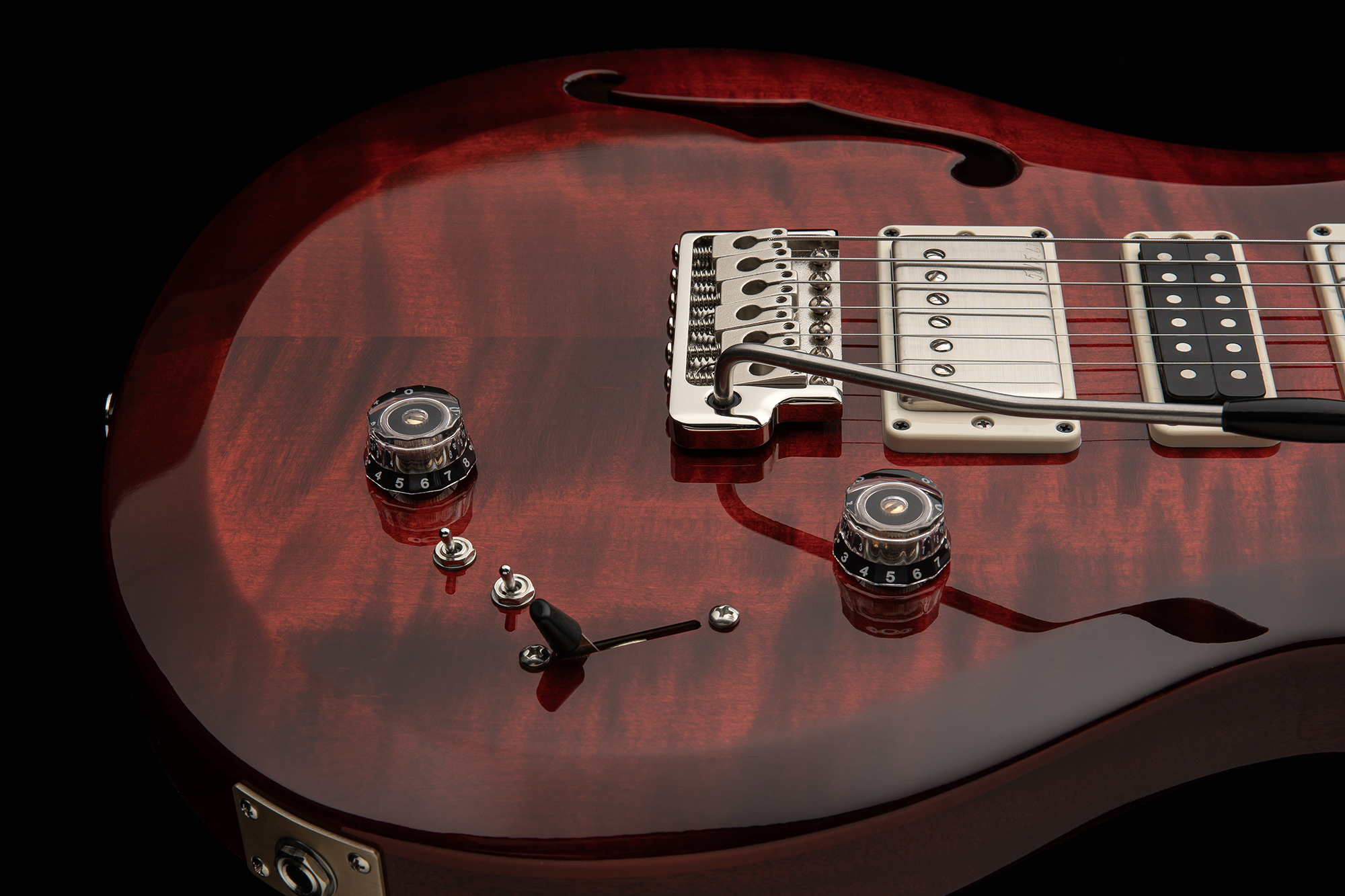 A photo of the PRS S2 Special Semi-Hollow in Fire Red Burst finish