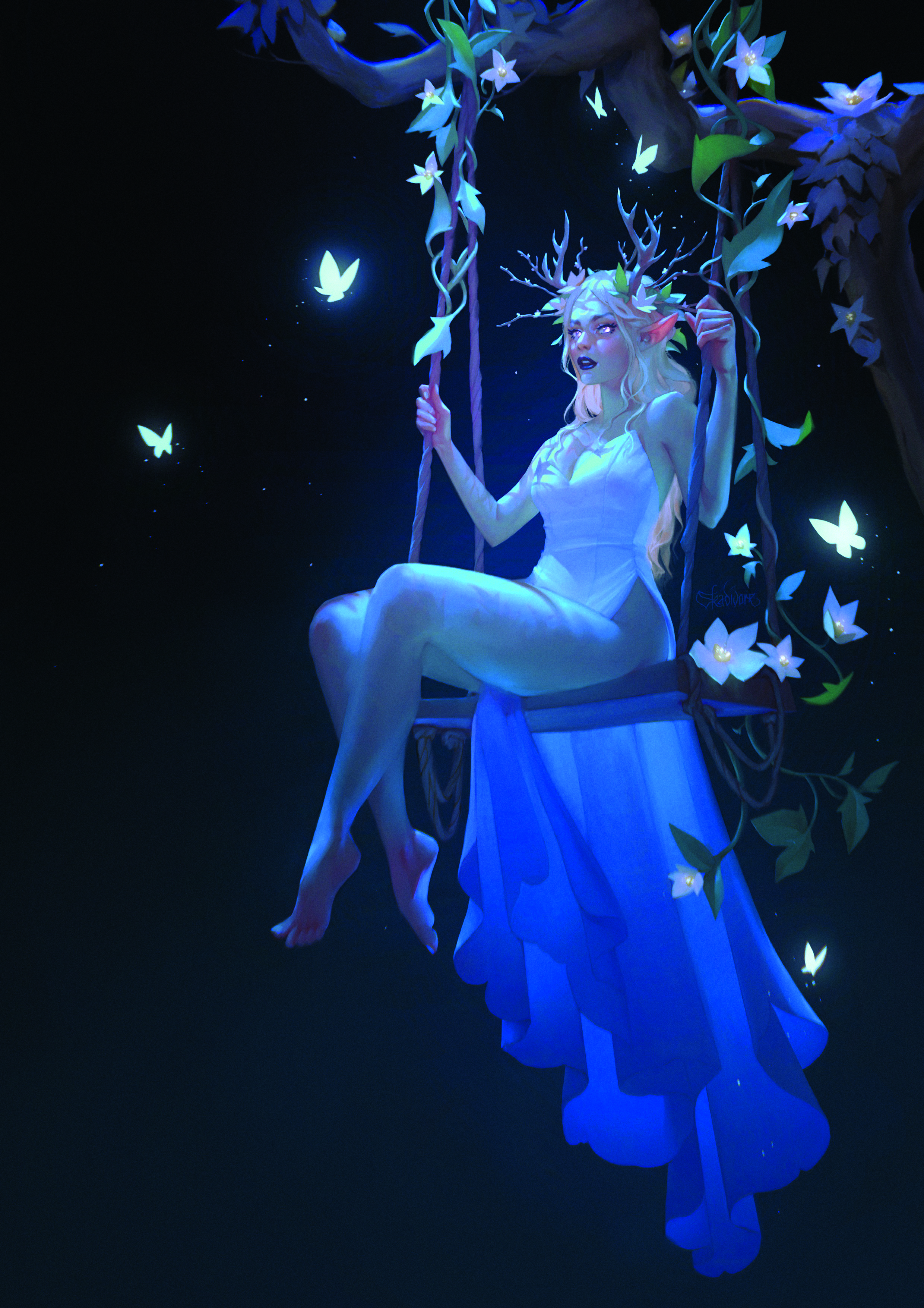 Digital art showing a fairy on a swing